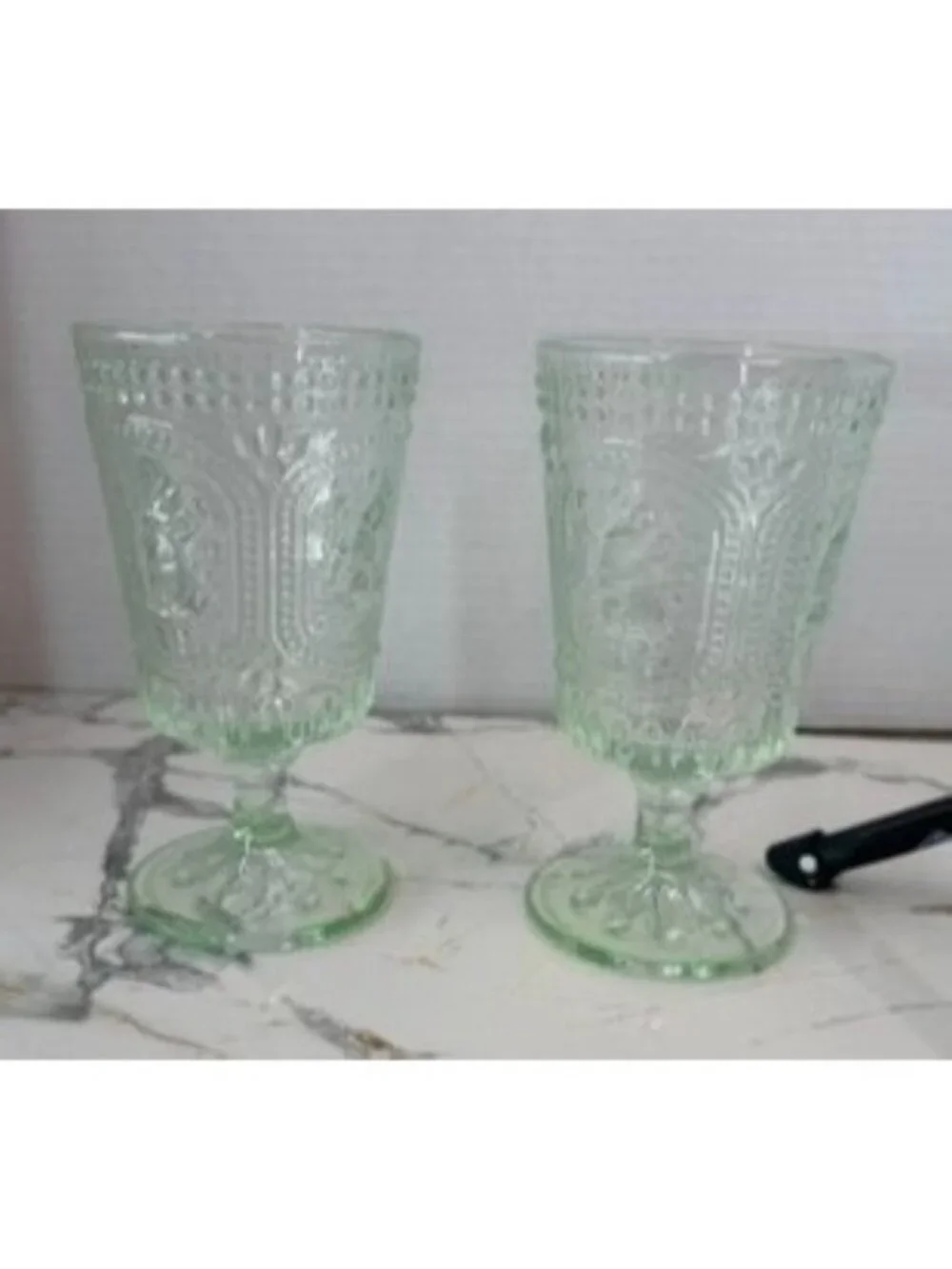 Pair of mint green glass springtime goblets, Easter, rabbits, farmhouse